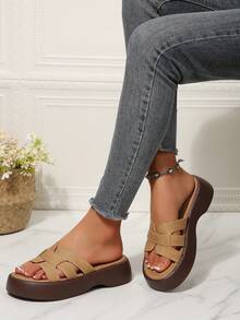 Bohemian Studded Cork Wedge Sandals For Women, Open Toe Platform Wedges, Casual Summer Beach Vacation Shoes - Khaki - View 5