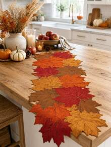 1pc Autumn Maple Leaf Shaped Linen Table Runner, Farmhouse Style Harvest Layered Leaf Dining Table Runner, Rustic Seasonal Table Centerpiece Decor, Suitable For Kitchen, Dining Room, Coffee Table, Thanksgiving Halloween Autumn Home Party Decoration - Multicolor - View 6