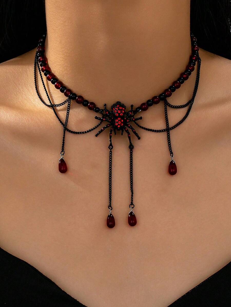 1 Pc Halloween Gothic Spider Statement Neck Choker, Multi‑Layer Tassel Teardrop Drop Beaded Neck Chain For Women Dark Party Costume Accessory - Bloody Spider Necklace - View 1