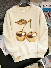 2 Pieces Outfit Set For Older Girls And Teens, Includes 1 Apricot Crew Neck Sweatshirt And 1 Polka Dot Flare Pants, Featuring Distinctive Gold Cherry Pattern, Minimalist Casual Style - Apricot - View 7