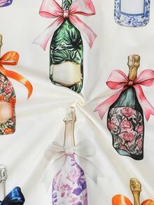 Plus Size 3-Piece Pajama Set For Women, Cool Short Sleeve, Plus Size Plus Size, 3-Piece Set, Shorts And Long Pants, Lapel Button Short Sleeve, All Season Wear, Plus Size, Home Wear, Comfortable And Loose, Bow And Wine Bottle Print - White - View 8