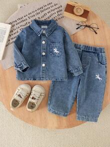 2pcs Baby Girl Cool & Sweet Animal Embroidered Long Sleeve Denim Jacket & Denim Pants Set, Spring/Autumn - Blue - View 1