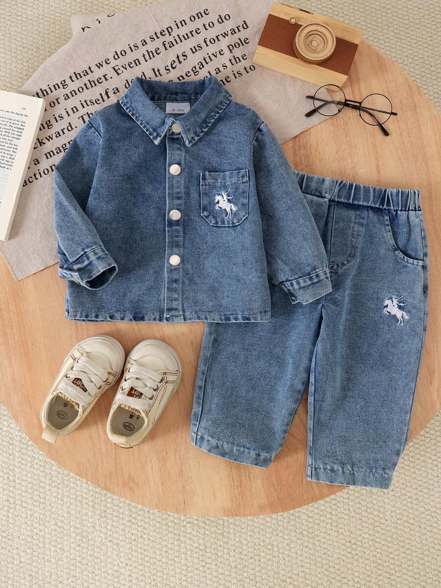 2pcs Baby Girl Cool & Sweet Animal Embroidered Long Sleeve Denim Jacket & Denim Pants Set, Spring/Autumn - Blue - View 1