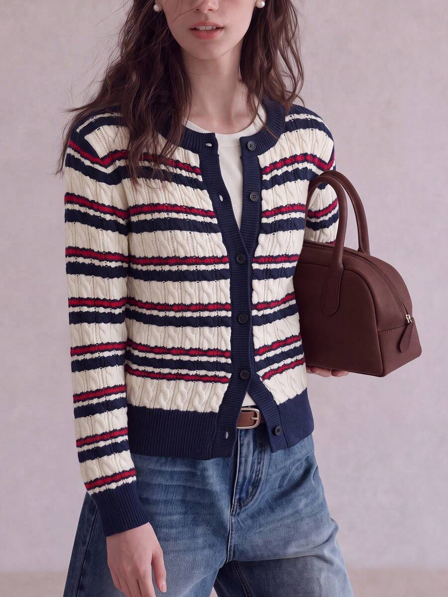 Jaket Sweater Rajut Cardigan Leher Bulat Motif Garis-Garis Prancis Elegan untuk Wanita Musim Gugur/Dingin - Navy Blue - View 1