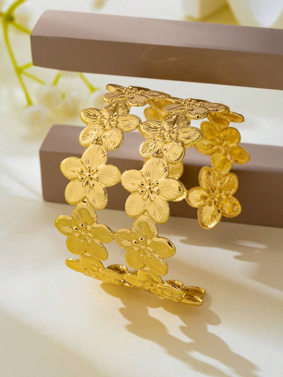 1pc/Set Cross-Border Flower Open Gold Bracelet - Yellow Gold - View 1