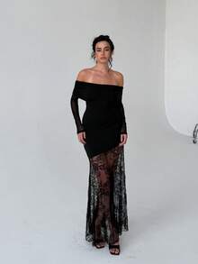Women's Autumn Black Lace Patchwork Off-Shoulder Long Sleeve Dress, Party, Back To School, Holiday - Black - View 4