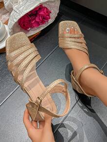 Gold Rhinestone Chunky Heel Sandals Summer Square Toe Single Strap Open Toe High Heels Beach Home - Gold - View 2
