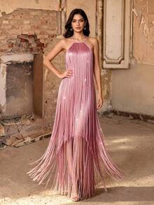 Gaun Malam Maxi Elegan Mewah Musim Panas dan Gugur dengan Kerah Halter Dua Lapis, Rumbai Berkilau, Punggung Terbuka dan Tali Ikat untuk Pesta Gala Pernikahan serta Prom - Baby Pink - View 5