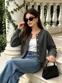 Women's Solid Color Round Neck Single-Breasted Metal Button Ribbed Long Sleeve Loose Casual Cardigan - Daily Casual Wear - Dark Grey - View 4