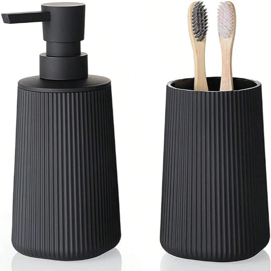 Striped Bathroom Accessories 2 Pieces Set: Soap Dispenser And Toothbrush Holder Storage Set - Multicolor - View 1