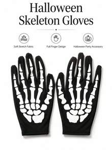1 Pair Glow-In-The-Dark Halloween Skeleton Bone Print Gloves, Unisex Full Finger Costume Gloves, Party Cosplay Role Play Holiday Accessory - Halloween Style a - View 1