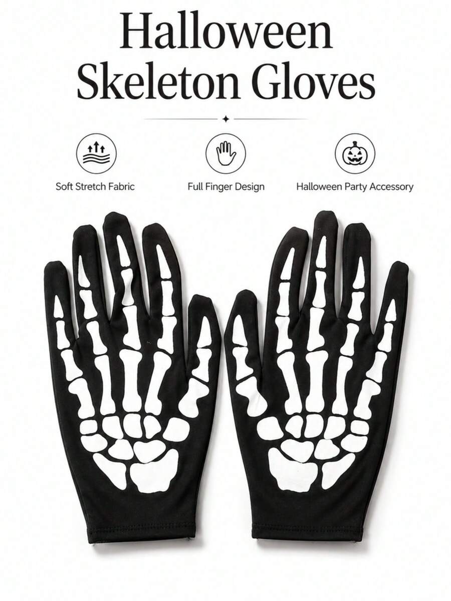 1 Pair Glow-In-The-Dark Halloween Skeleton Bone Print Gloves, Unisex Full Finger Costume Gloves, Party Cosplay Role Play Holiday Accessory - Halloween Style a - View 1