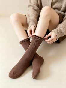 3/6/12 Pairs Women's Mid-Calf Socks, With Ruffle Trim, Soft Vertical Striped Knit Casual Socks, Solid Color Cute Lace Daily Commute Slouch Socks - Multicolor - View 7
