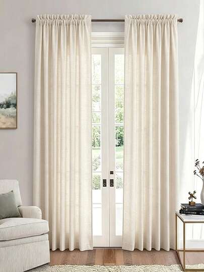 1pc/2pcs Japanese Style Solid Color Curtains, Minimalist Light Brown Linen Style Decorative Light Filtering Curtain Panels With Rods, Suitable For Living Room And Bedroom Window Decor