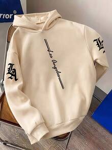 1pc Tween Boys' American Vintage Vertical Letter Print Hooded Sweatshirt, Cream White Loose Casual Pullover Top For Kids, Spring/Autumn - Apricot - View 1