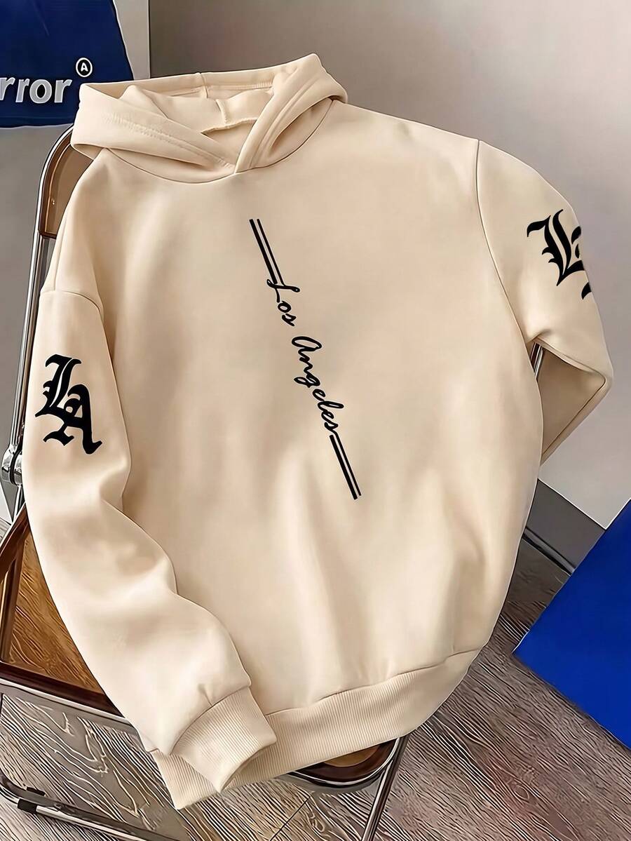 1pc Tween Boys' American Vintage Vertical Letter Print Hooded Sweatshirt, Cream White Loose Casual Pullover Top For Kids, Spring/Autumn - Apricot - View 1