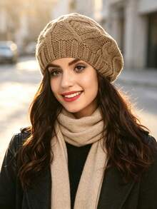 Women Cable Knit Beret Hat, Warm Solid Color Slouchy Beanie, Fall Winter Soft Knitted Cap - Multicolor - View 2