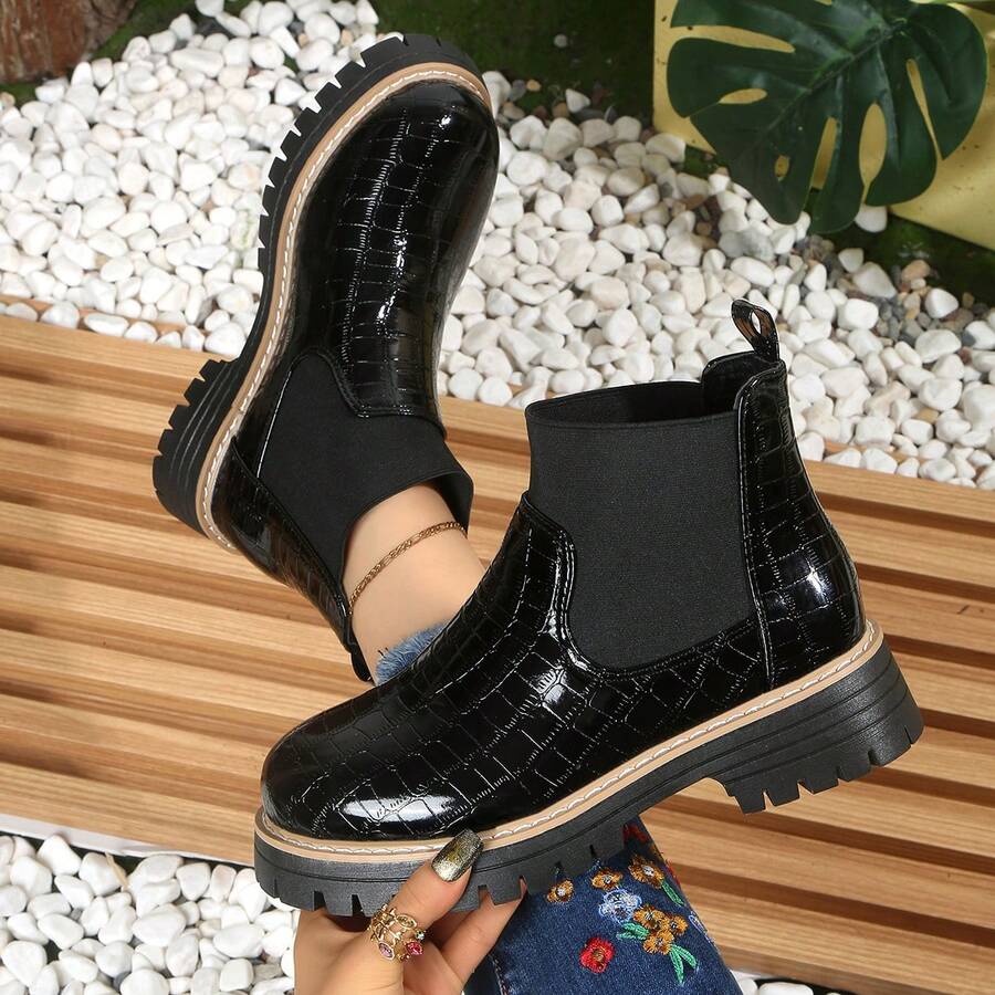 Sepatu Bot Wanita Model Ankle dengan Resleting Samping dan Tali, Sol Tebal, Ujung Bulat, Lubang Tali Logam, Warna Hitam, Sepatu Bot Kerja Motor Musim Gugur/Dingin - Hitam - View 1
