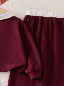 Young Girl Cartoon Bow Print White Collar Pullover Warm Sweatshirt And Pants Set - Burgundy - View 6