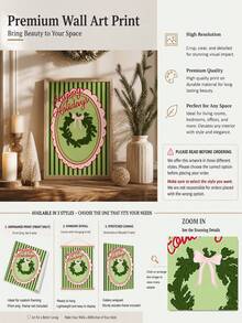 1pc Coquette Pink Bow Christmas Wreath Canvas Wall Art, Happy Holidays Poster Print, Vintage Preppy Green Striped Painting Picture Artwork, Cute Holiday Wall Decor For Girls Bedroom Home Unframed Or Framed/Wooden Hanging - Pattern - View 10