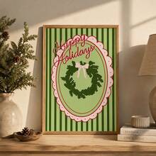 1pc Coquette Pink Bow Christmas Wreath Canvas Wall Art, Happy Holidays Poster Print, Vintage Preppy Green Striped Painting Picture Artwork, Cute Holiday Wall Decor For Girls Bedroom Home Unframed Or Framed/Wooden Hanging - Pattern - View 5