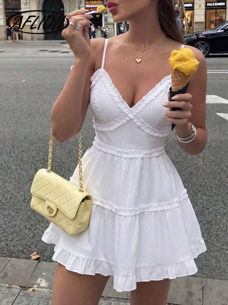 Aflion Women's White V-Neck Spaghetti Strap Ruffle Layered Mini Dress - Fashionable French Vintage Sweet Girl Style A-Line Skirt - White - View 1