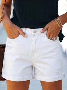 Casual Distressed Washed Loose Fit Denim Jeans For Women, American Street Style, Versatile Summer Holiday White - White - View 2