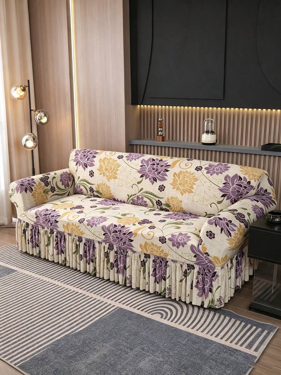 Christmas Party Decor Sofa Cover With Ruffled Hem (Featuring Santa Claus, Snowflake And Gingerbread Patterns) Polyester Fabric Sofa Cover, Home Decor - Multicolor - View 1
