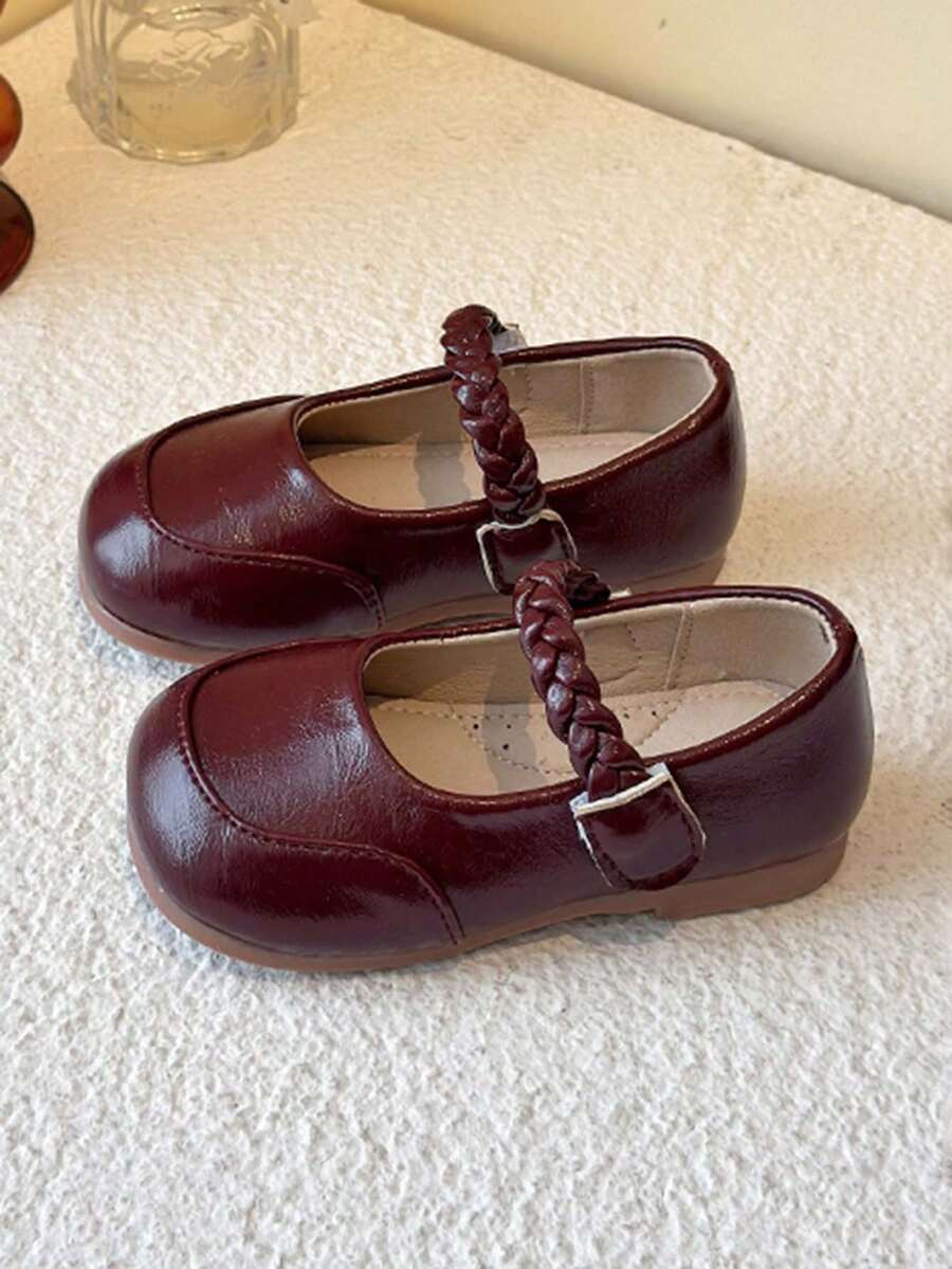 1 Pair Girls' Woven Mary Jane Leather Shoes, Shiny Round Toe, Soft Sole Anti-Slip, Princess Style Casual Shoes, Suitable For All Seasons