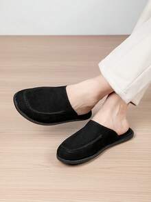Men's Wide Toe Box Suede Mule Loafers, Half-Slip-On Closed-Toe Vintage Style, Soft Faux Suede Velvet Texture, Low-Key Premium - Black - View 3
