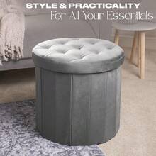 Round Velvet Folding Storage Pouffe Equipped With A Lid, Works As Multifunctional Ottoman For Home Use - Charcoal Grey - View 5