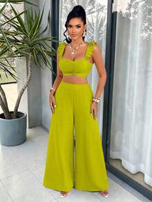 Women's Autumn Green Fashion 2 Pieces Set, Square Neck Ruffle Ruched Cropped Camisole With Elastic Back Design, Paired With High-Waist Wide-Leg Pants; Suitable For Vacation, Holiday, Date, Party, Weekend Outing And Festival Wear - Olive Green - View 11