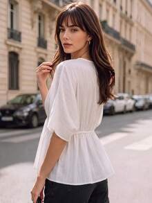 Women White Lace Trim V Neck Drawstring Waist Batwing Short Sleeve Blouse Casual Vacation Tops - White - View 3