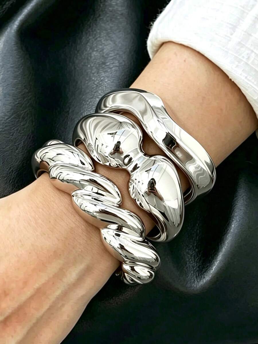 3pcs Vintage Elegant Versatile Women's Casual Bracelet Set Suitable For Daily Layering - Silver - View 1