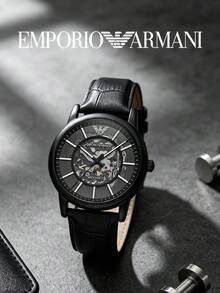 Armani Men's Luigi Automatic Skeleton Watch Black Open‑Work Dial Black Leather Strap Stainless Steel Case Mechanical Watch AR60008 - Black - View 1