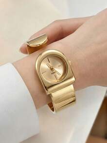 Vintage Style Arched Semi-Circular Open Bangle Watch For Women, Suitable For Students With Thin Wrists, One-Piece Wide Bangle Champagne Gold Dial Niche Luxury Quartz Wristwatch, Suitable For Daily Wear And Various Holiday Gift Giving - Gold - View 4