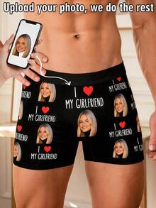 1pc Men's Customized Photo Print Multicolor High Elasticity Polyester-Spandex Blend Comfortable Fitted Unique Style Boxer Briefs, Suitable For Valentine's Day/Anniversary, Funny Gag Gift - Black - View 1