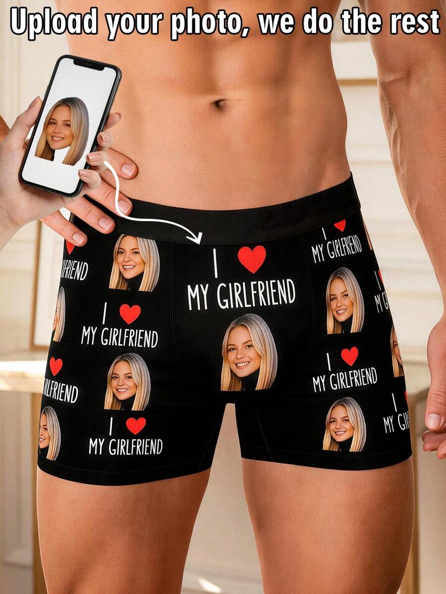 1pc Men's Customized Photo Print Multicolor High Elasticity Polyester-Spandex Blend Comfortable Fitted Unique Style Boxer Briefs, Suitable For Valentine's Day/Anniversary, Funny Gag Gift - Black - View 1