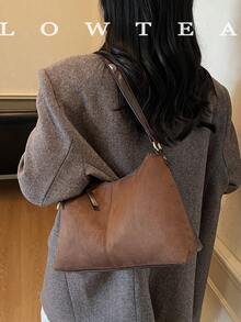 low tea 1pc Minimalist Crescent-Shaped Suede Fabric Shoulder Bag, Suitable For Commuting, Shopping And More - Coffee - View 9