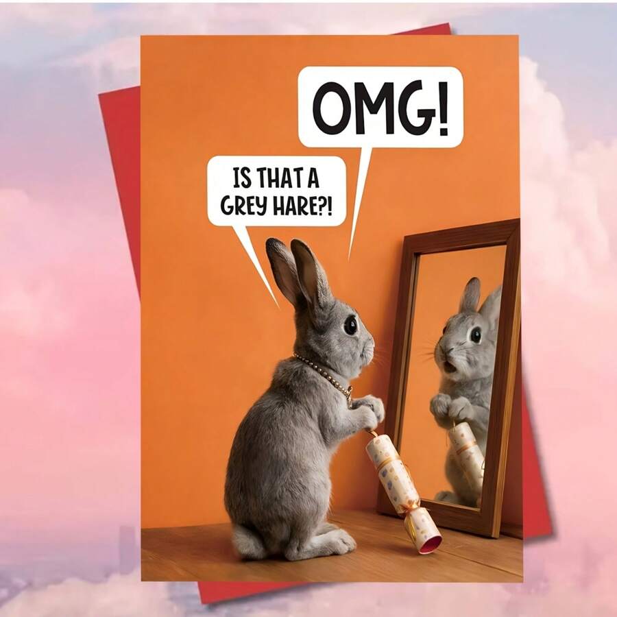 1/3sets Bright Orange Background Cartoon Rabbit Mirror Joke Birthday Cards,"OMG Is That A Grey Hare"Cute Grey Bunny Holding Party Cracker Design,A Wonderful Birthday Gift For Friends, And Colleagues. A Cute Birthday Card, Perfect For Animal Lovers - A - View 1