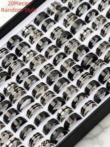Set Cincin Pria 10/15/20pcs, Cincin Stainless Steel Ukiran Vintage, Perhiasan Hip Hop Punk Ukuran Campuran, Cocok untuk Pemakaian Sehari-hari dan Pesta - Cincin baja tahan karat dengan berbagai gaya. - View 10