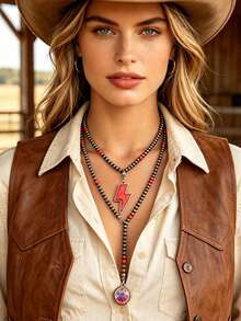 1pc Western Style Lightning Pendant Long Beaded Necklace, Vintage Y-Shaped Water Drop Colorful Rhinestone Pendant, Women's Layering Accessory, Multicolor - Necklace - View 2