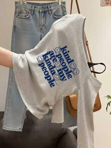 Korean Style Minimalist English Slogan Print Off-Shoulder Top For Women, Ruched Waist, Sexy Style, Asymmetrical Neck Long Sleeve Base Layer T-Shirt - Light Grey - View 3