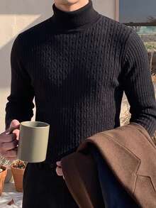 Men's Vintage Ribbed Cable Knit Turtleneck Sweater, Solid Black, Business Casual, Autumn/Winter Knit Inner Layer Base Top - Black - View 8