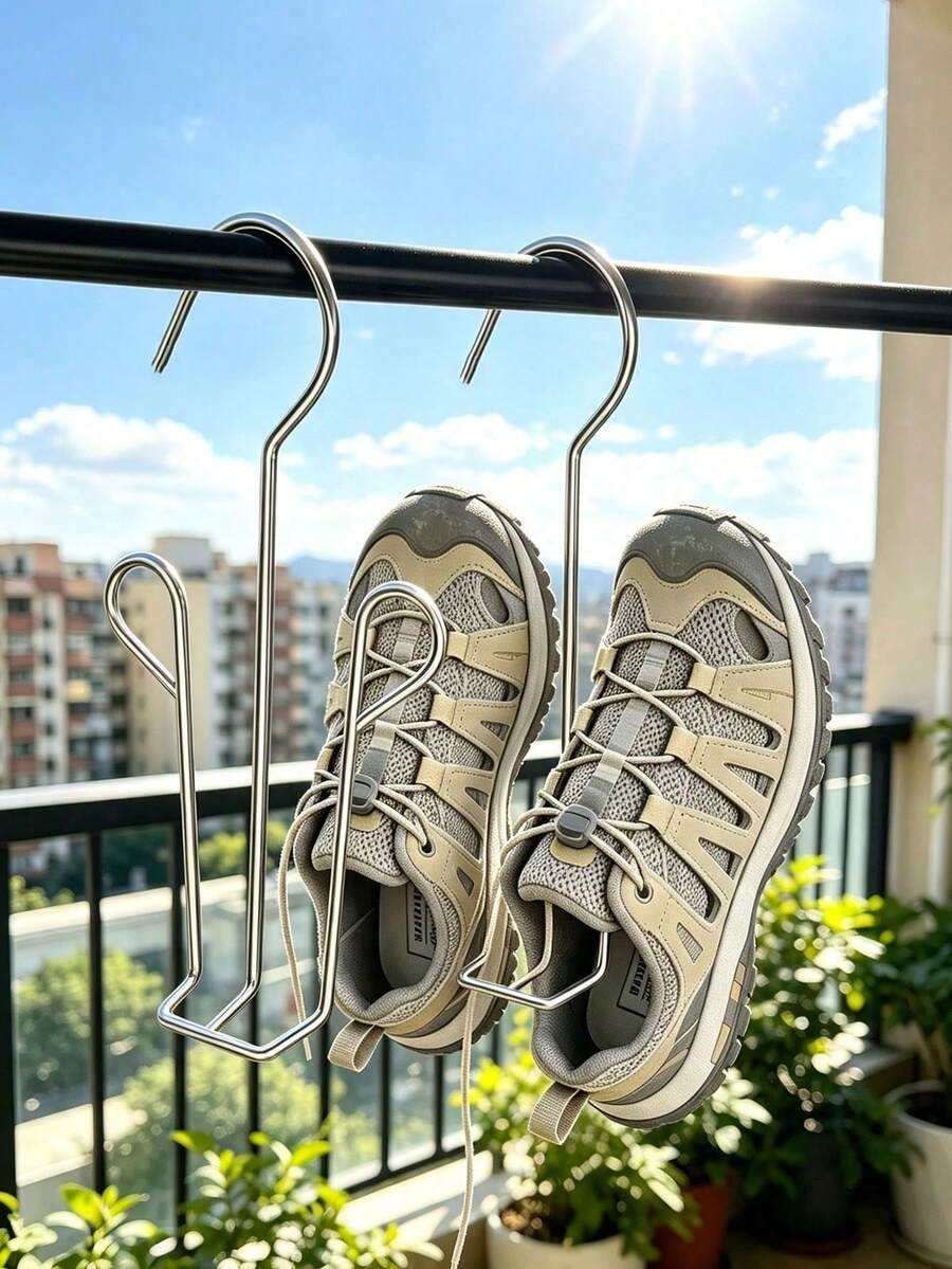Stainless Steel Hanging Shoe Rack, Space-Saving Windproof Design, Non-Slip Rubber Heads & Rust-Proof Clips, Suitable For Sneakers, Boots, Clothing, Indoor/Outdoor Use, Multi-Functional Hook Design, Efficient Drainage Shoe Rack