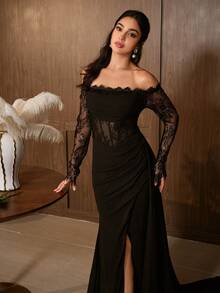 Elegant Black Long Sleeve Off-Shoulder Evening Gown With Contrast Lace And Slit Hem - Black - View 8