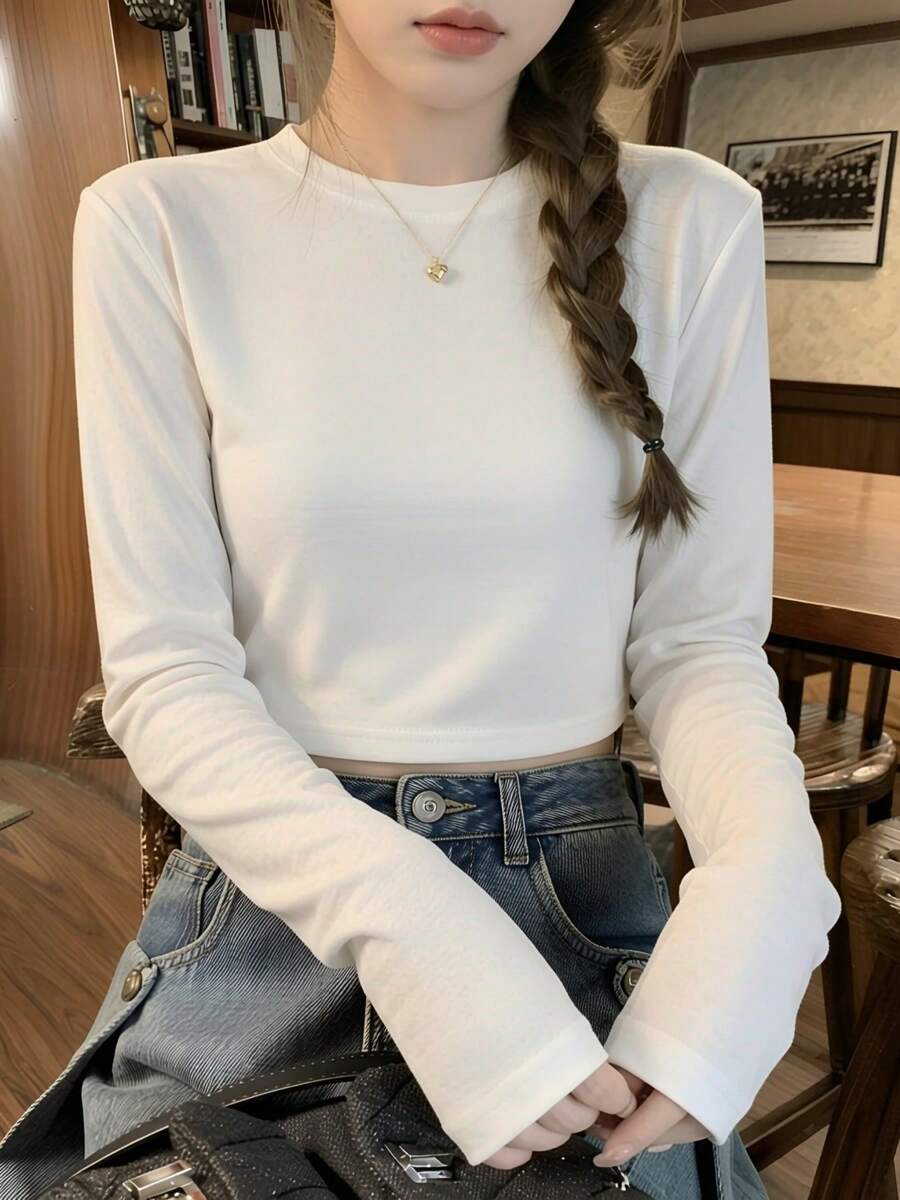 Minimalist Round Neck Short Long Sleeve T-Shirt Women Slim Fit Flattering Cropped Top Versatile All-Match - White - View 1
