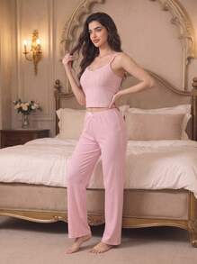 Sweet Cute Women's Pajama Set Backless Bow Detail Camisole & Long Pants Ribbed Knit Stretchy Soft Pink Vibrant Campus Sleepwear - Pink - View 2