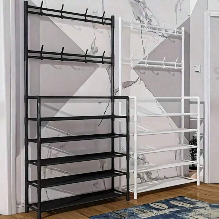 Metal Shoe Rack With Coat & Hat Hooks, 4/5 Tier Multi-Functional Entryway Shoe Storage Organizer, Space-Saving Bedroom Front Door Hallway Shoe Rack, Black And White Available - Multicolor - View 1