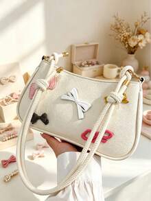 Tas bahu dan tas jinjing kulit imitasi timbul dengan desain pita retro, dilengkapi pegangan atas; cocok untuk penggunaan sehari-hari. - MultiWarna - View 12